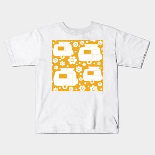 Daisy Polka Dot Vintage Caravan Pattern in Mustard Yellow and White Kids T-Shirt